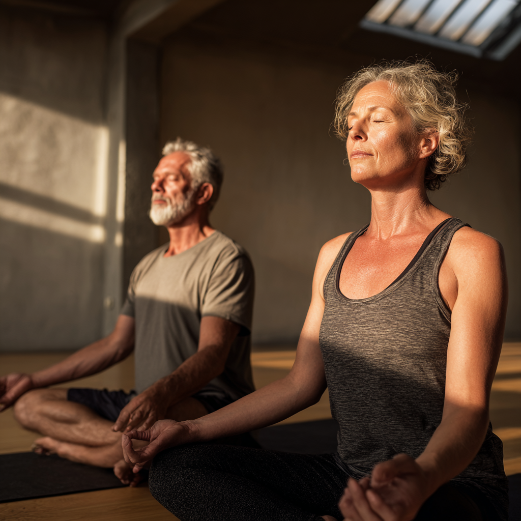 Middle-aged adults practicing gentle yoga poses in natural lighting